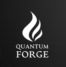 a logo for quantum forge with a flame on it