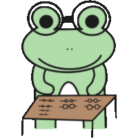 a green frog wearing glasses is sitting at a table