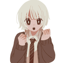 a girl with short white hair is wearing a brown sweater and tie