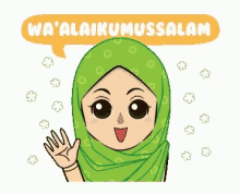 a cartoon of a woman wearing a green hijab says wa ' alaikummussalam