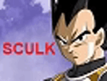 a close up of a cartoon character with the word sculk in red