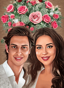 a painting of a man and a woman with pink roses behind them