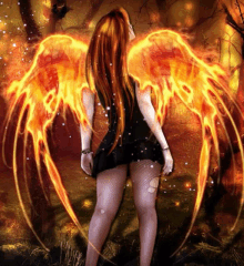 a woman with fire wings is standing in a field