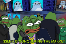 a cartoon of a frog talking on a phone with the words $ senki is conquering the market below him