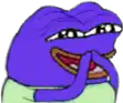 a purple frog is laughing with its mouth open and covering its face with its hand .