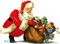 a painting of santa claus kneeling next to a dog and a kitten