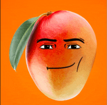 a mango with a face drawn on it and a leaf