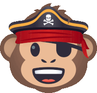 a smiling monkey wearing a pirate hat and eye patch