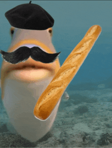 a fish with a beret and mustache is holding a baguette