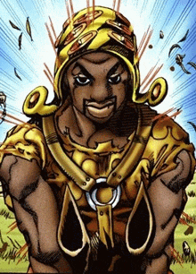 a cartoon drawing of a man wearing a yellow helmet and a gold armor .