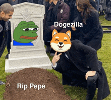 a man in a suit is kneeling in front of a grave with a frog on it