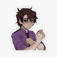 a boy in a purple shirt and tie is holding a bandaged hand .