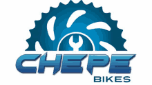 a blue logo for chepe bikes with a wrench