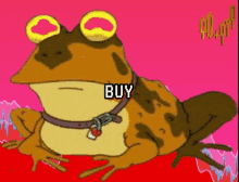 a frog wearing glasses and a collar with the word buy on it