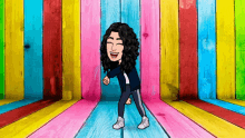 a cartoon of a woman dancing in front of a colorful wooden wall