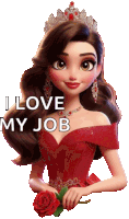 a cartoon girl in a red dress holding a rose and the words i love my job