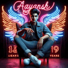 a man sitting in front of a neon sign that says ' aayansh '