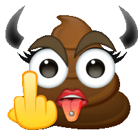 a cartoon illustration of a female poop with horns giving the middle finger