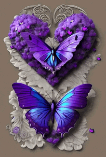 two purple butterflies are sitting on top of a heart shaped flower arrangement