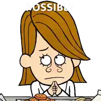a cartoon girl is sitting at a table with her hands folded and the word possibly is above her