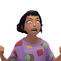 a person wearing a purple shirt with turtles and squares on it