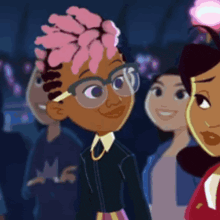 a cartoon girl with pink hair is wearing glasses