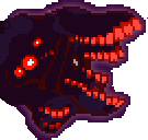 a pixel art drawing of a monster with red eyes and sharp teeth .