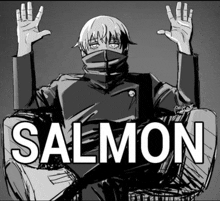 a black and white drawing of a person with the word salmon in white letters