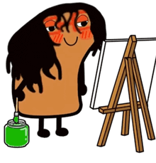 a cartoon character is standing next to a wooden easel and a jar of green paint