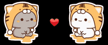 two cartoon cats are sitting next to each other with a red heart in the middle