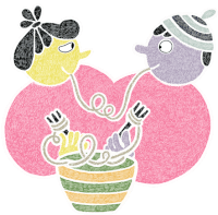 a drawing of two people eating noodles with forks