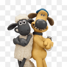 a sheep and a dog from the cartoon shaun the sheep are hugging each other