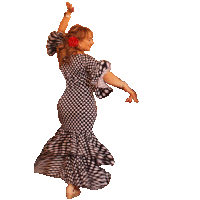 a woman in a black and white polka dot dress dancing