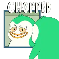 a cartoon penguin is looking at himself in a mirror and the word chopped is above him