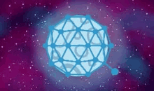 a blue sphere with triangles on it is in the middle of a galaxy .