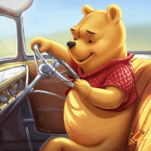 winnie the pooh is driving a car and smiling