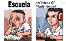 a cartoon of a boy with headphones and the words escuela on the bottom right