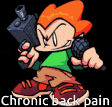 a cartoon character holding a gun and a microphone with the words chronic back pain written below him .