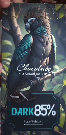 a dark 85 % chocolate bar with a bird on it