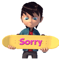 a cartoon character holding a yellow skateboard that says sorry