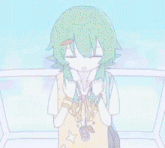 a girl with green hair is standing in front of a window with the words i 'm in love behind her
