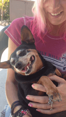 a woman with pink hair is holding a small dog and wearing a shirt that says beverly hills