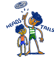 a drawing of a boy throwing a frisbee with the words heads and tails above him