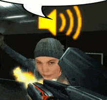 a woman holding a gun with a speech bubble above her head