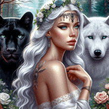 a woman with white hair and a crown of flowers is surrounded by a black panther and a white wolf