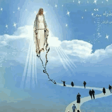 a painting of a woman holding a rosary flying in the sky