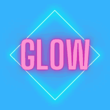 the word glow is on a blue background with a neon frame