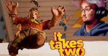 it takes two is a video game with a man wearing headphones .