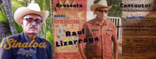 a man in a cowboy hat stands in front of a wall that says sinaloa radio tv