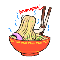 a cartoon drawing of a bowl of noodles with chopsticks and the word ammph written on the bottom